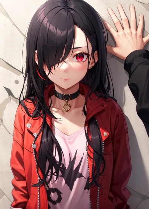 best quality, intricate details, chromatic aberration, 1girl, long hair, black hair, messy hair, red highlights, hair over one eye, red eyes, sharp eyes, choker, neon shirt, torn legwear, open jacket, against wall, brick wall, graffiti, dim lighting, alley
<lora:kabedonPOV_1girlAnd1boyKabedon:1>