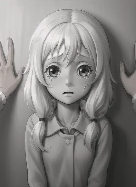masterpiece, best quality, olya, 1girl, twintails, frightened face, tears, crying, <lora:olya-15:0.5>, school uniform, shy, blush, arms behind back, kabedon, pov top down, <lora:kabedon_pov:1>, (monochrome image:1)