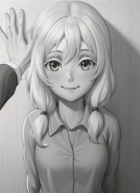 masterpiece, best quality, olya, 1girl, twintails, smile, <lora:olya-15:0.5>, school uniform, shy, blush, arms behind back, kabedon, pov top down, <lora:kabedon_pov:1>, (monochrome image:1)