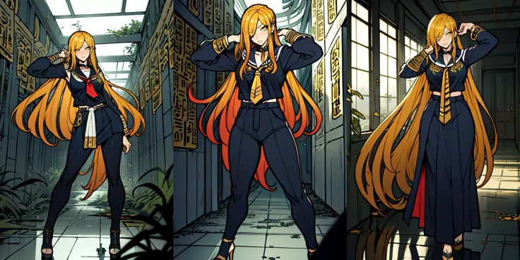 highly insanely detailed, masterpiece, top quality, best quality, highres, 4k, 8k, RAW photo, ((ancient egyptian theme:1.2)), Hong Kong structure, building, structure, taiwan, korean, 
(long_hair, long hair, random colors hair, glowing hair, hair over one eye, long messy hair), 
(eyelashes, eyeliner, eyeshadow, eyelashes, long eyelashes), 
collar, earrings, jewelry, necklace, armlet, 
high-heels, 
tentacle, (underwater), nsfw, 
cleavage, perfect female body, makeup, 
swirling energy, 
action pose, 
drunk, biting, 
reflection, reflective floor, 
abandoned building, overgrown with vegetation, [volumetric fog], cinematic lighting, colorful, colourful, 
a photo of photomaker, 
sailor outfit, red necktie, long sleeves, serafuku, 
Yellow eyes, blonde hair, bangs, very long hair, 
(narrow_waist), 
<lora:Kirisaki_Saki_SaiminApp-KK77-V1:0.7>