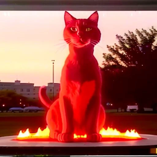 VHS footage, woman in red standing in front of a giant fire statue of a cat, no people, <lora:badVHS_v101:1>