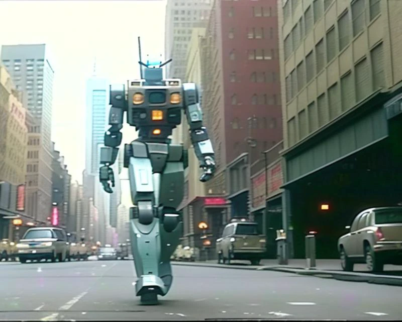 VHS footage, robot mech suit walking around New York, no people, <lora:epiNoiseoffset_v2:1> <lora:badVHS_v101:1>
