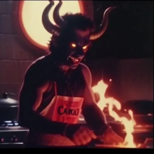 Vhs footage, analog glitchy scratchy vhs 80s cinematic morning show, screencap of a demonic horned demon, in a cooking show in hell, open fires, baking cookies, analog, <lora:badVHS_v101:1> dramatic