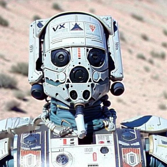 VHS footage of full figure nousr robot in the desert, wide angle lens photo, holding a pipe