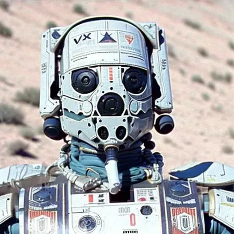 VHS footage of full figure nousr robot  in the desert, wide angle lens photo, holding a pipe