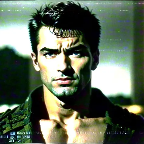VHS footage analog style cyberpunk portrait of a soldier, beautiful