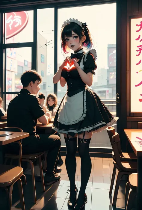(masterpiece, best quality), 1girl, <lora:girllikemaidcafe:0.8> (((maid cafe))), ((heart hands)), ((a girl in gothic costume standing)), stockings, bowtie, foods on table, multiple boys in track pants sitting on chair, indoor, windows, reflection, second floors, colorful signs in akihabara,