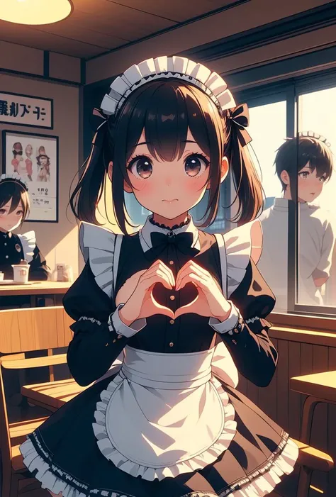 (masterpiece, best quality), 1girl, <lora:girllikemaidcafe:0.8> (((maid cafe))), ((heart hands)), ((a girl in gothic costume standing)), stockings, bowtie, foods on table, multiple boys in track pants sitting on chair, indoor, windows, reflection, second floors, colorful signs in akihabara,