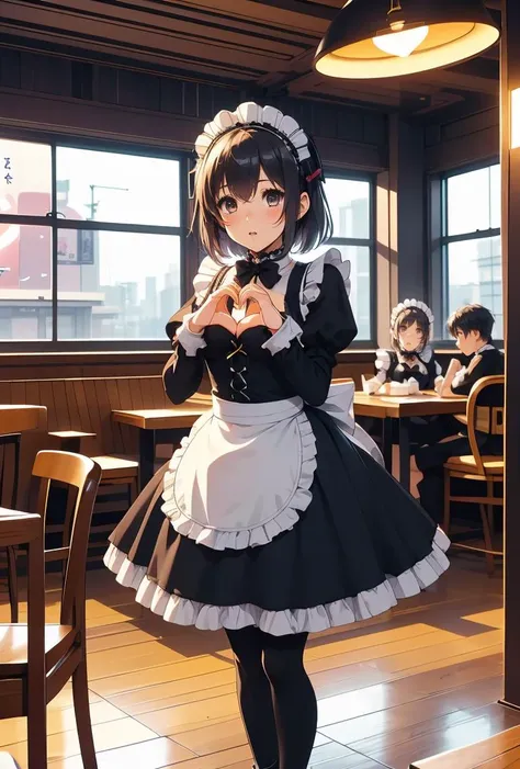 (masterpiece, best quality), 1girl, <lora:girllikemaidcafe:0.8> (((maid cafe))), ((heart hands)), ((a girl in gothic costume standing)), stockings, bowtie, foods on table, multiple boys in track pants sitting on chair, indoor, windows, reflection, second floors, colorful signs in akihabara,