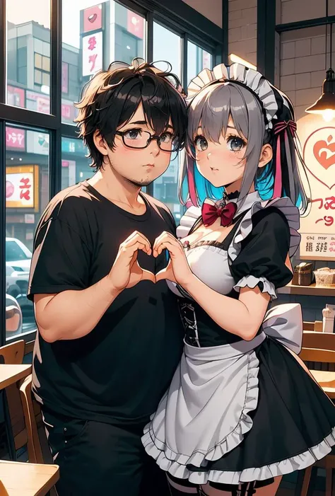 (masterpiece, best quality), 1girl, <lora:girllikehearthandsduo:0.8> (((heads together))), (((maid cafe))), ((heart hands duo)), ((a girl in gothic costume)), (stockings), (gray bowtie), (foods on table), (a fat boy in t-shirt and black-framed eyewear), plump, indoor, windows, reflection, second floors, colorful signs in akihabara,