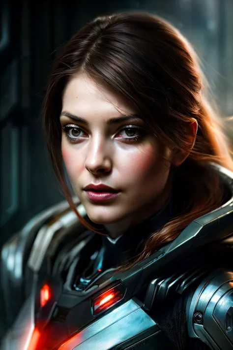 chy, hair in poinytail, ((best quality)), ((masterpiece)), (detailed), Midjourney Style, close-up, woman, robot, red eyes, concept art, inspired by Marek Okon, digital art, Crysis Nanosuit, futuristic, (glowing elements:1.1), 4:3 aspect ratio, dynamic duo,<lyco:CarlaHumphrey-RealVision-V1.0:1.0>