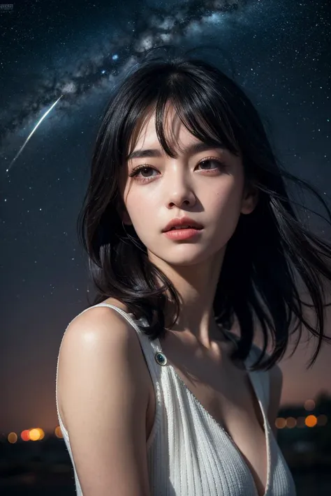 best quality,(masterpiece:1.2),absurdres,highly detailed,1girl,stars in the eyes, messy floating hair, colored inner hair, Starry sky adorns hair, depth of field,
