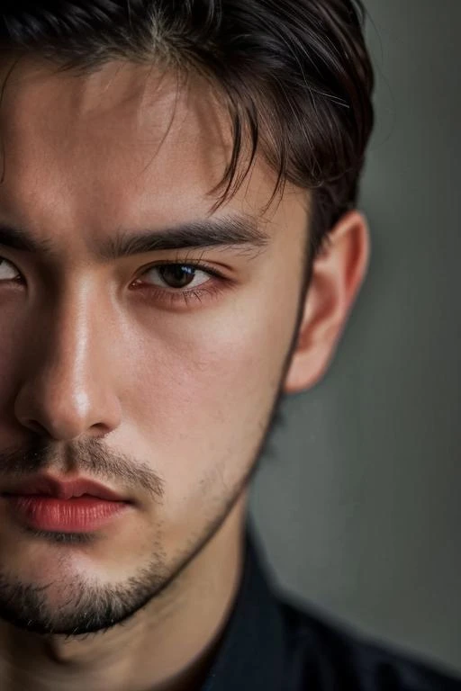 high quality,face portrait photo of 30 y.o european man,wearing black shirt,serious face,detailed face,skin pores,cinematic shot,dramatic lighting,