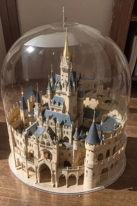 (a children's castle),in a transparent box,see-through,laser,reflect back,dreamlike,