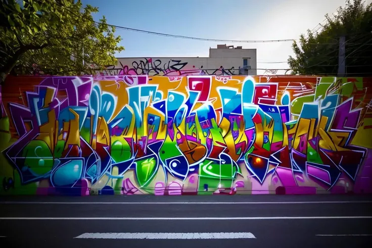 Street photography photo of a graffiti mural, outside, outdoors, side of a building, large, huge, ornate, outdoor lighting, best quality, (8k, ultra-detailed) <lora:graffiti:0.75>