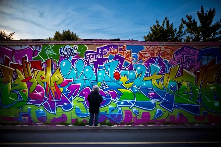 Street photography photo of a graffiti mural, an old man is looking at it, outside, outdoors, side of a building, large, huge, ornate, outdoor lighting, best quality, (8k, ultra-detailed) <lora:graffiti:0.75>