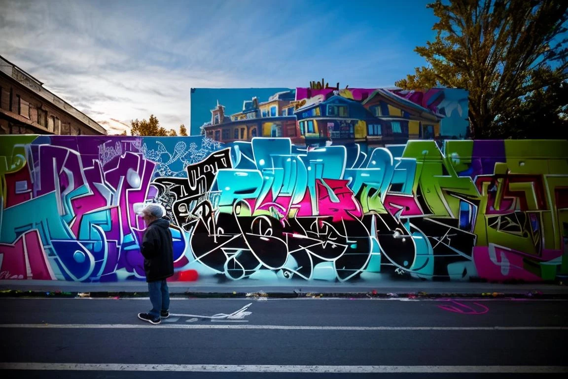 Street photography photo of a graffiti mural, an old man is looking at it, outside, outdoors, side of a building, large, huge, ornate, outdoor lighting, best quality, (8k, ultra-detailed) <lora:graffiti:0.75>