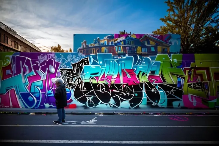 Street photography photo of a graffiti mural, an old man is looking at it, outside, outdoors, side of a building, large, huge, ornate, outdoor lighting, best quality, (8k, ultra-detailed)  <lora:graffiti:0.75>