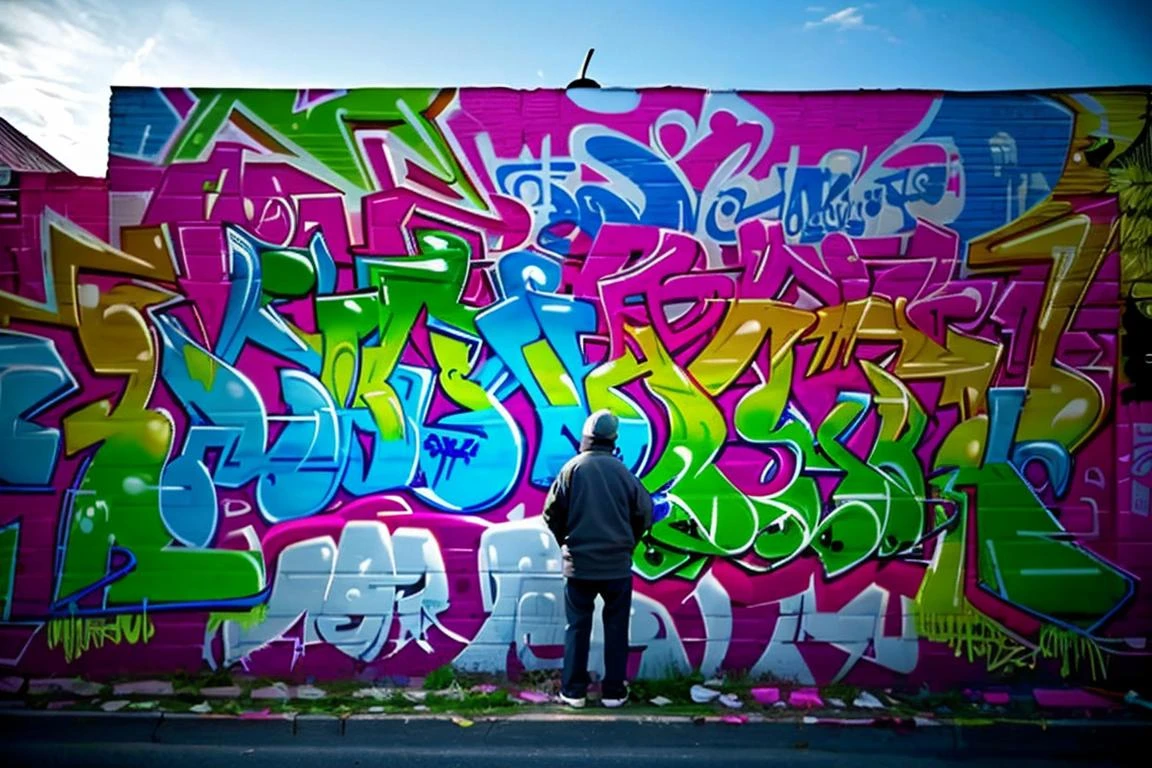 Street photography photo of a graffiti mural, an old man is looking at it, outside, outdoors, side of a building, large, huge, ornate, outdoor lighting, best quality, (8k, ultra-detailed) <lora:graffiti:0.75>