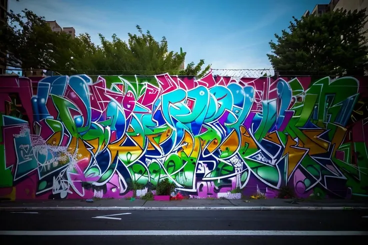 Street photography photo of a graffiti mural, outside, outdoors, side of a building, large, huge, ornate, outdoor lighting, best quality, (8k, ultra-detailed) <lora:graffiti:0.75>