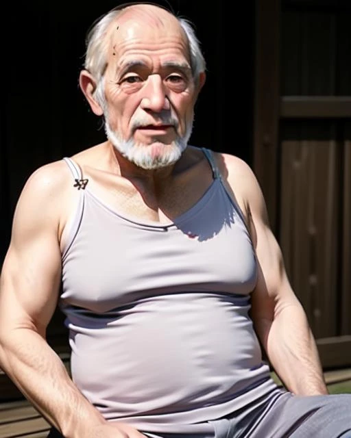 Russel hodgkinson, An elder butler with a long beard and white hair, with a serene face wrinkles, looking producing, body older weak, skinny bones hairy, body naked, his shirt butler was open to reveal his stomach wrinkles older hairy weak and chest, bow tie, socks and suspense socks, gloves white, boxer old briefs, arms legs neck hands feet skinny old and weak, shy and blushed, Lying on old sofa vintage, lily,master-piece,4K images,beste-Qualit