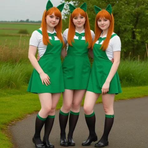 high detail full body photograph, two cute irish foxgirls, 25, round face, slightly chubby build, cute feet, tail, <lora:add-detail-xl:1.7> <lora:bralessSDXL_v1_00022:0.8> braless