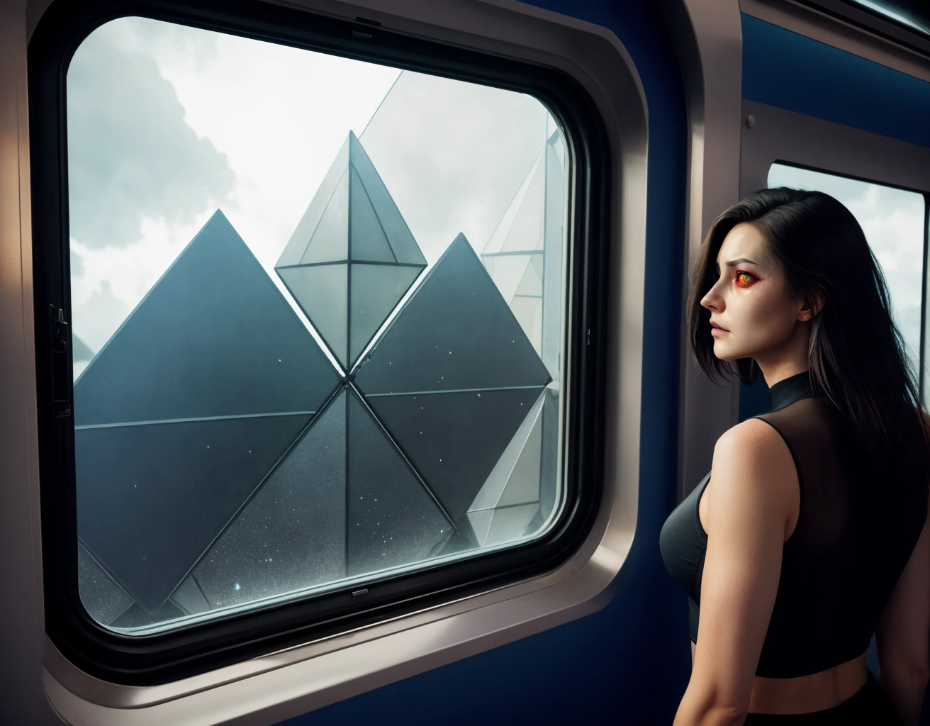 three cornered window, back of head shot of (woman looking out of triangle window:1.1), 3rd person, Looking out the triangular window of a (train:1.1) with triangular windows, triangular windows and triangular, wheels, in a fantasy world,
psychedelic, geometric, vivid light, high contrast, triadic colors, dark shadows, explosions, nuclear mushroom cloud, nuclear explosion, dystopian nightmare,
(beautiful composition),
21 yo woman,