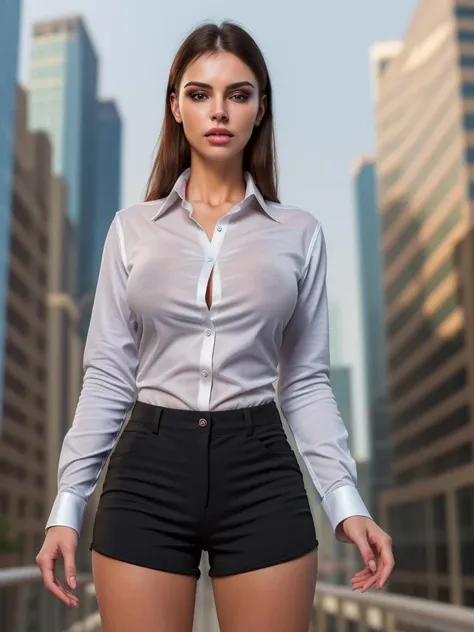 8k award winning photograph of a an attractive woman wearing black-tight-shorts and an alluring white-oversized-business-shirt. Incredible background, interesting surrounding, beautifuly detailed face