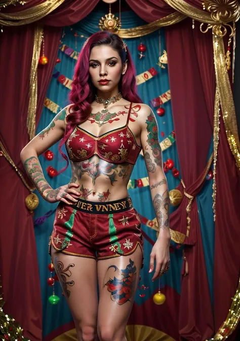 Award winning, Alluring portrait of a woman wearing tight shorts, inked, beautiful detailed face, circus, festive surroundings