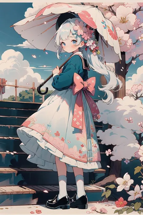 1girl, bird, umbrella, long hair, outdoors, dress, solo, blue eyes, holding, white dress, pink flower, flower, black footwear, white hair, day, holding umbrella, petals, bag, stairs, long sleeves, looking at viewer, socks, white socks, shoes, sky, bangs, looking back, cherry blossoms, sailor collar, hair flower, blue sky, standing, hair ornament, bow, tree
<lora:styleHanamizake-000005:1>,