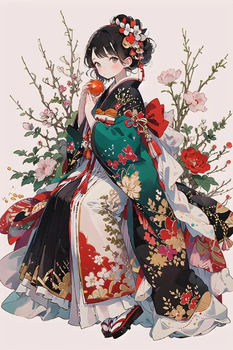 1girl, solo, fruit, japanese clothes, food, flower, kimono, hair ornament, apple, holding food, holding fruit, hair flower, red kimono, holding, floral print, black hair, blush, wide sleeves, sitting, brown eyes, sash, long sleeves, bangs, red flower, looking to the side, hair bun, obi, single hair bun, looking at viewer, print kimono, hands up, short hair
<lora:styleHanamizake-000005:1>,