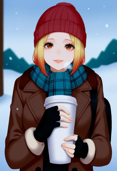 score_9, best quality, masterpiece, uncensored, source_anime, blurry
BREAK
1girl,solo,looking at viewer,smile,gloves,long sleeves,hat,holding,brown eyes,jacket,upper body,multicolored hair,outdoors,parted lips,day,black gloves,hood,fingerless gloves,bag,scarf,blurry,cup,lips,coat,plaid,gradient hair,blurry background,backpack,breath,holding cup,red headwear,snow,snowing,nose,beanie,winter clothes,disposable cup,winter,coffee cup,(large breasts:0.7),traditional media, rimlight
<lora:ayakura_juu_pony_v2:0.5> <lora:aoi_ogata_pony_v2:1>