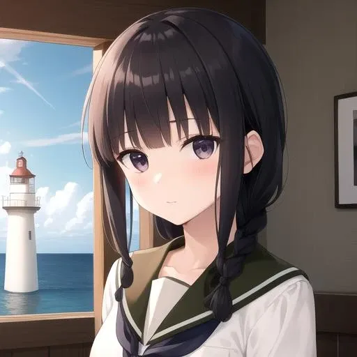((masterpiece)),(best quality),official art,extremely detailed CG,unity 8k wallpaper,ultra detailed,A lighthouse on a cliff by the sea,1girl,solo,upper body,(portrait:1.2),hair_over_shoulder,school_uniform,black_hair,serafuku,single_braid,skirt,long_hair,blunt_bangs,black_eyes,bangs,looking_at_viewer,<lora:Kitakami(kan)>,