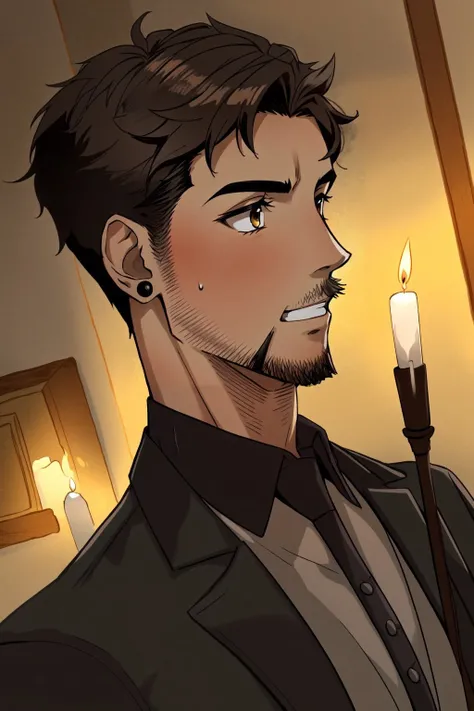 solo, short hair, shirt, 1boy, male focus, indoors, dark skin, facial hair, scar, dark-skinned male, beard, scar on face, candle
<lora:blood:0.8>, <lora:GoodHands-beta2:1.4>