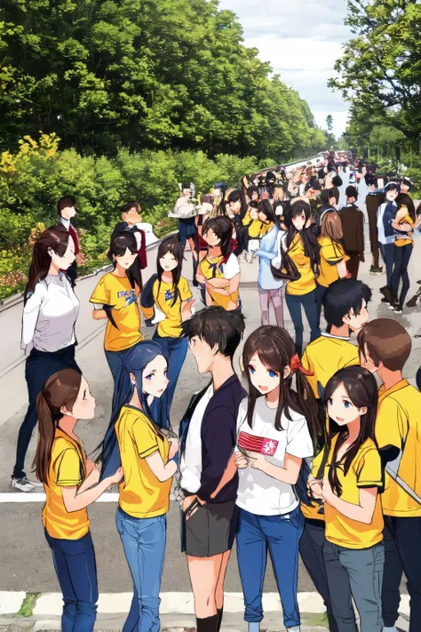 multiple girls, multiple boys, 6+girls, 6+boys, flag, road
<lora:blood:0.8>,