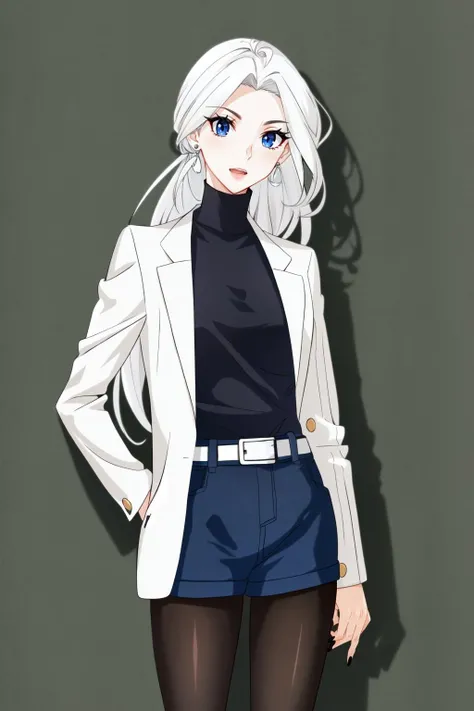 1girl, solo, long hair, blue eyes, shirt, jacket, white shirt, white hair, pantyhose, shorts, belt, black pantyhose, makeup, denim, lipstick, black nails, red lips, legwear under shorts
<lora:blood:0.8>,   <lora:GoodHands-beta2:1.4>