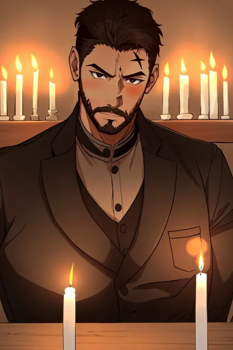 solo, short hair, shirt, 1boy, male focus, indoors, dark skin, facial hair, scar, dark-skinned male, beard, scar on face, candle
<lora:blood:0.8>, <lora:GoodHands-beta2:1.4>