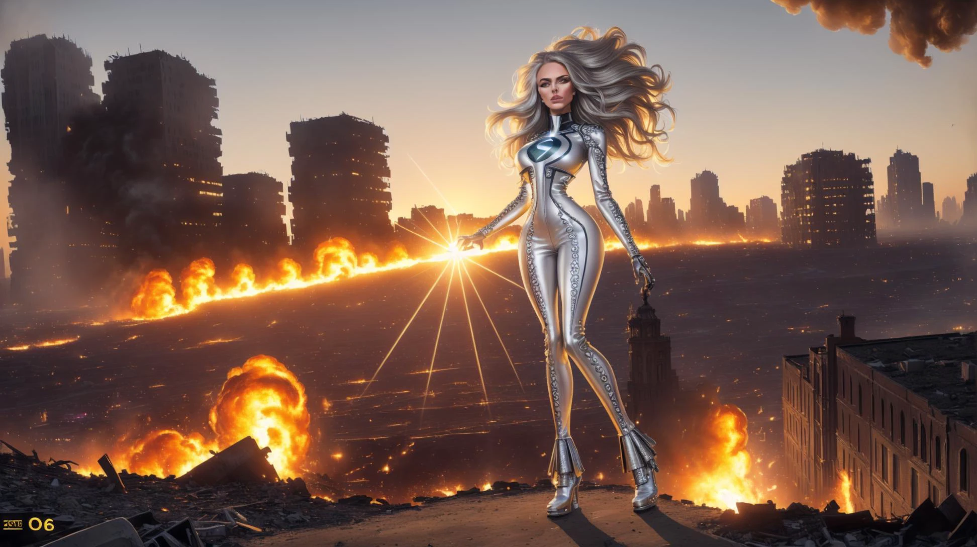 1girl "mix-of-every-race", ((wearing silver superhero costume )), power-pose, dutch angle, ((full body shot)), burning wartorn city, burning wartorn buildings, rubble, fire, dust, explosions, (CINEMATIC SHOT:1.4), (blow out hair:1.4)(lens flare:1.2) ((Photo Focus, DOF, Aperture, insanely detailed and intricate, character, hypermaximalist, ornate, hyper realistic,( super detailed:1.1), heresy flares)), <lora:epiNoiseoffset_v2Pynoise:1> Masterpiece, Best Quality, ultrarealistic photography, real life, colorful, amazing, perfect lighting, bright colors, dramatic, dynamic, cinematic lighting, hyperrealism, intricate details, epic, realism,