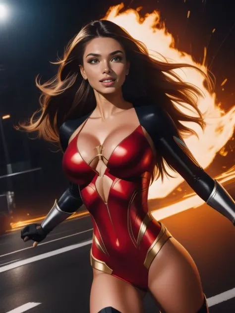 4k, UHD, ultrarealistic photo, marie dashkova style cinematic movie still, 
Dynamic Action Shot of [Alexis Ren| Nicole Scherzinger], vixen superhero cosplay,