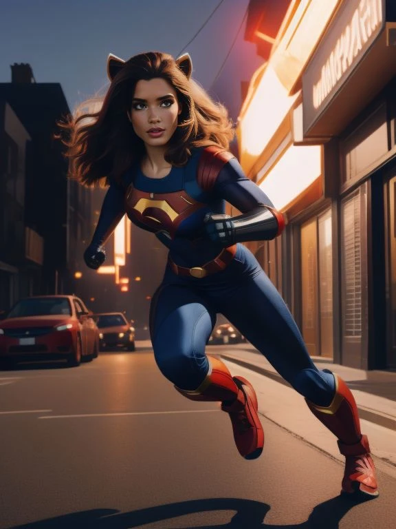 4k, UHD, ultrarealistic photo, gaspar no style cinematic movie still, 
Dynamic Action Shot of [Halsey| Rachel Zegler], rocket raccoon superhero cosplay,