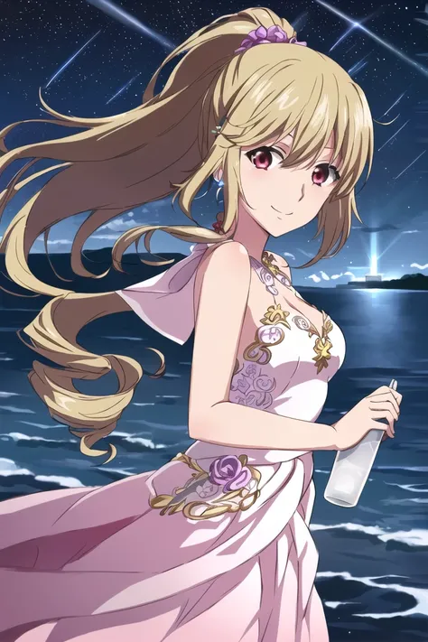<lora:asagi:1>,((masterpiece,best quality, detailed)), ultra-detailed, detailed hair, deep shadows, hard rim lighting,((dramatic lighting)),sharp focus, cowboy shot, (1girl:1.2), solo,( long hair:1.3), (floating hair:1.2), (seductive smile:1.1),medium breasts,(high ponytail:1.1), standing, (looking at viewer:1.2), (sea:1.3),(starry sky:1.3) , (evening gown:1.4)