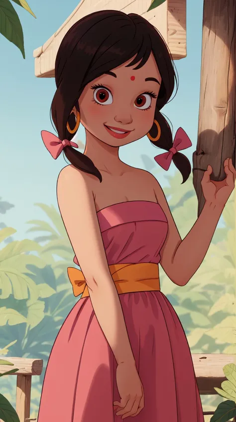 ((masterpiece, best quality)),solo,1girl,upper body,pink strapless dress,black hair,twintails,bow,brown eyes,hoop earrings,red sash,shanti,<lora:ShantiJungleBook1-10:0.8>,smile,teeth,