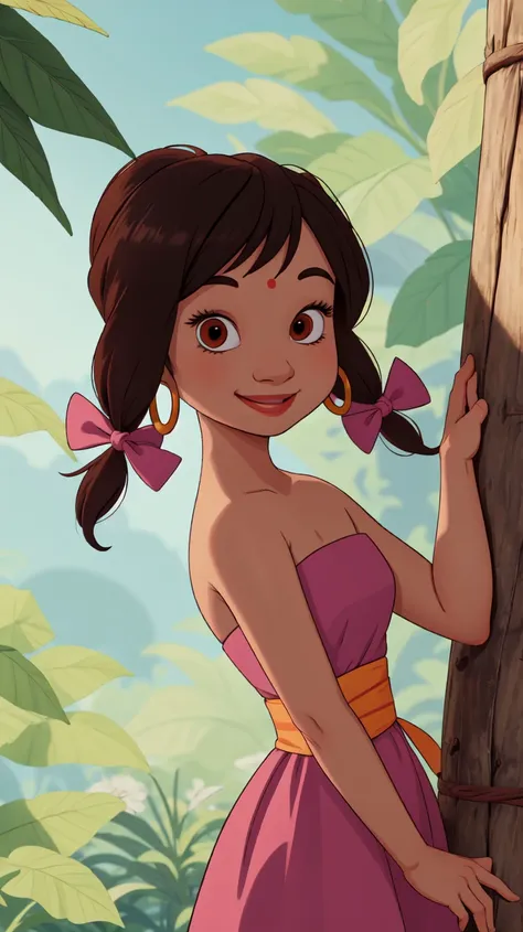 ((masterpiece, best quality)),solo,1girl,upper body,pink strapless dress,black hair,twintails,bow,brown eyes,hoop earrings,red sash,shanti,<lora:ShantiJungleBook1-10:0.8>,smile,teeth,