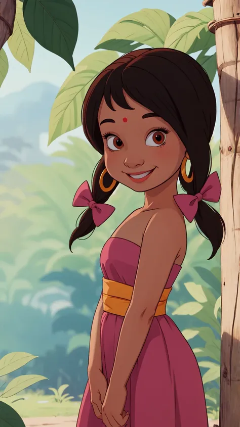 ((masterpiece, best quality)),solo,1girl,upper body,pink strapless dress,black hair,twintails,bow,brown eyes,hoop earrings,red sash,shanti,<lora:ShantiJungleBook1-10:0.8>,smile,teeth,