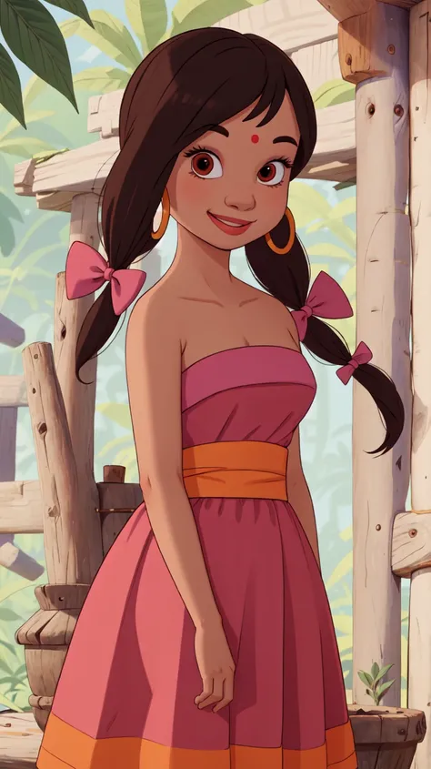 ((masterpiece, best quality)),solo,1girl,upper body,pink strapless dress,black hair,twintails,bow,brown eyes,hoop earrings,red sash,shanti,<lora:ShantiJungleBook1-10:0.8>,smile,teeth,