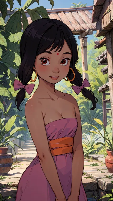 ((masterpiece, best quality)),solo,1girl,upper body,pink strapless dress,black hair,twintails,bow,brown eyes,hoop earrings,red sash,shanti,<lora:ShantiJungleBook1-10:0.8>,(smile:0.7),teeth,adult,cleavage,small breasts,midriff,