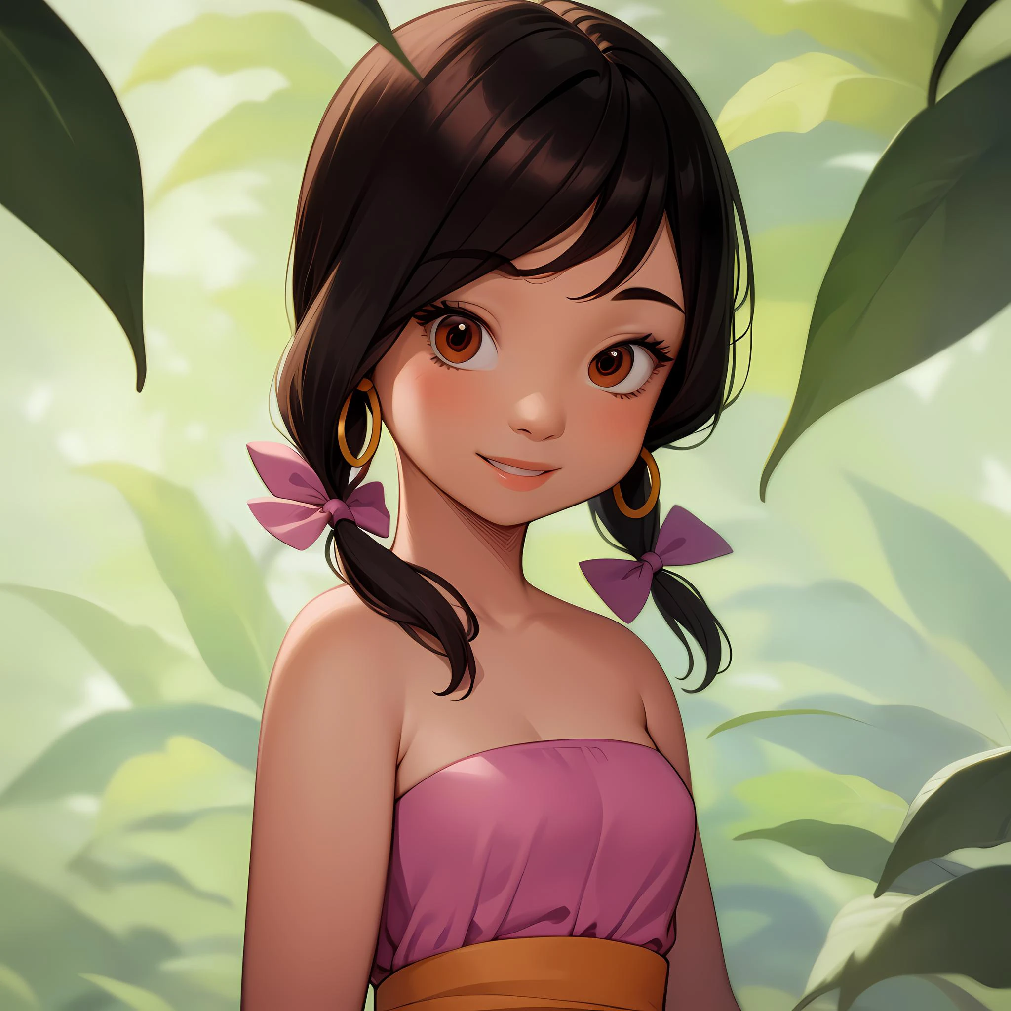 ((masterpiece, best quality)),solo, 1girl, upper body , pink strapless dress, black hair, twintails , bow, brown eyes, hoop earrings, red sash, shanti, <lora:ShantiJungleBook1-10:0.8>, smile, teeth,