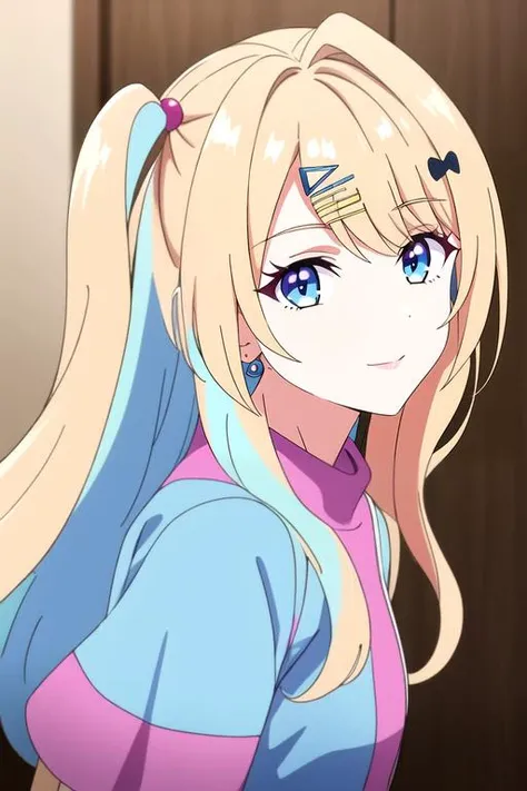 (best quality:1.1), (masterpiece:1.4), , 1girl, solo, looking at viewer, upper body, , anime coloring, , <lora:runa_shirakawa:0.82>, runa_shirakawa, blonde hair, blue eyes, long hair, bangs, multicolored hair, , hair ornament, , , , , one side up