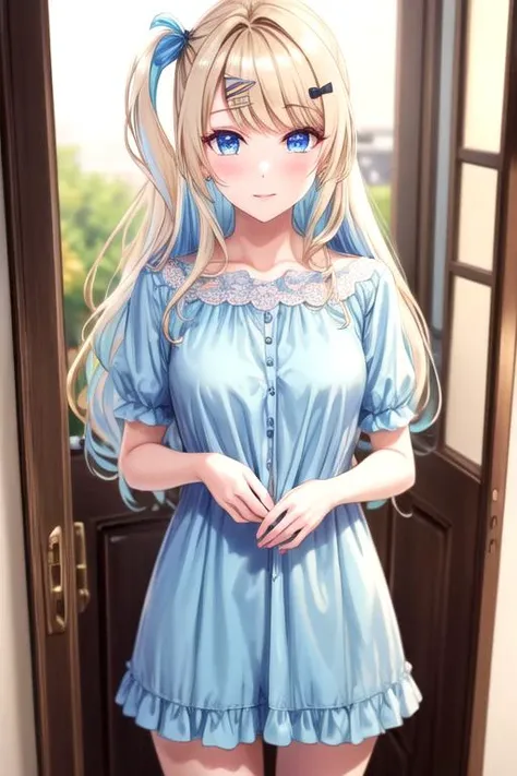 (best quality:1.1), (masterpiece:1.4), game cg, 1girl, solo, , , depth of field, anime coloring, realistic, <lora:runa_shirakawa:0.76>, runa_shirakawa, blonde hair, blue eyes, long hair, bangs, , two-tone hair, hair ornament, hairclip, , hair bow, , , colored inner hair, streaked hair, sleepwear, , fantasy, High resolution