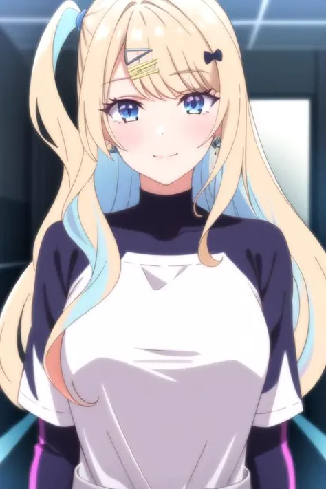 (best quality:1.1), (masterpiece:1.4), illustration, 1girl, solo, looking at viewer, upper body, , anime coloring, , <lora:runa_shirakawa:0.96>, runa_shirakawa, blonde hair, blue eyes, , , multicolored hair, , , hair ornament, hairclip, bow, , , , colored inner hair, streaked hair, , sci-fi, 2k resolution